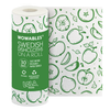 Wowables blue tulip Swedish dishcloth roll on paper towel holder, unrolled sheet flat, kitchen counter with woman cooking