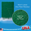 Close-up of textured Lola green scouring pad; callout: won't leave fiber residue, safe on most surfaces, American family business since 1969