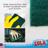 Yellow-gloved hand using scrubbing pad to clean stove, pots, pans and grills for tough kitchen cleaning