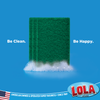 Three green scouring pads in soap suds for dishwashing, kitchen cleaning, Be Clean Be Happy