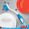 Dimension diagram of Lola Pro Dish Brush on metal with dishes; 2.25 x 2.5 in head, 11.5 in length, removes baked-on food