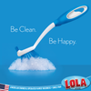 Single Lola Pro Dish Brush angled with soap suds; text: Be Clean. Be Happy. American Owned & Operated Family Business since 1969.