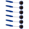 Six Lola Pro pot-and-pan brushes, white handles, blue non-slip rubber grips, stacked two columns, blue poly-fiber and brass bristles