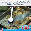 Lola Pro pot-and-pan brush scrubbing a heavily soiled roasting pan with baked-on food residue