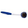 Lola Pro pot and pan brush with white plastic handle, blue non-slip grip, and round head of blue poly and brass wire bristles
