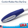 Infographic: Lola comfort rubber non-slip grip, close-up of blue rubber overmold handle grip detail