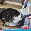 Lola Pro Utility Dish Brush scrubbing soiled black non-stick skillet at sink, blue-white handle, 1969 family business banner