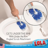 Toilet brush in bowl with close-up spinning under-rim angled scrub attachment; text: Gets Under The Rim, American owned since 1969
