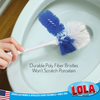 Euro bowl brush in toilet bowl with blue and white poly fiber bristles; text: durable, won’t scratch porcelain, family owned since 1969