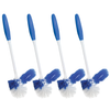 Four Lola Pro Euro Bowl Brushes with blue handles, white stems, blue and white poly fiber bristles, angled under-rim scrub attachments