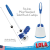 Fits most standard toilet brush caddies; 14.5 inch handle, 5 inch and 3.25 inch brush head dimensions; caddy not included