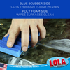 Lola Pot Brite scrub sponge cleaning a dark granite countertop with blue scrubber and poly foam sponge