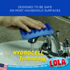 Lola Pot Brite Scrub Sponge cleaning bathroom faucet; safe on most household surfaces, HydroCell Technology, American owned since 1969