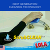 Infographic: Next Generation Cleaning Technology, ScrubCLEAN hand uses blue sponge to clean bathtub faucet fixture