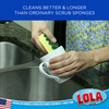 Lola scrub sponge cleans better and longer than ordinary scrub sponges; person scrubbing a mug at a sink