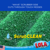 Lola ScrubClean green wave-textured scrubber surface, close-up macro; wave scrubber side cuts through tough messes