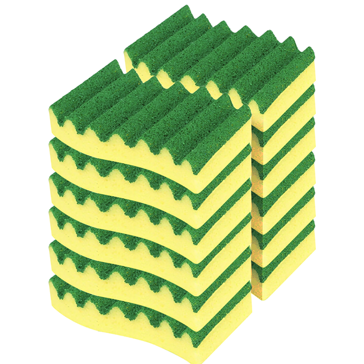 Lola Pot Brite Heavy Duty Scrub Sponges 12-pack, yellow sponge with wavy green ScrubCLEAN scrubbing surface, stacked in two columns