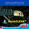 Infographic: Durable scrubber coating won't wear off over time; ScrubCLEAN hand scrubs gas stove grates with yellow-green sponge