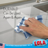 Infographic: DURABLE, can be used again & again, hand holding blue and white checkered cloth wiping marble countertop near kitchen sink
