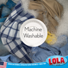 Machine washable blue and white plaid cloth submerged in soapy wash water with other laundry