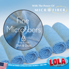 Infographic: The Power of Microfiber; fine microfibers trap and lock dirt and dust, five rolled blue microfiber cloths on blue gradient