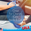Great for cleaning cars inside & out, split view of blue microfiber cloth wiping dashboard and polishing exterior panel