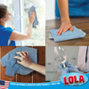 Four use-case photos showing blue microfiber cloth cleaning windows, wiping a wood countertop, dusting a cabinet, and polishing wine glass