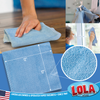 Microfiber cloth cleaning hardwood floors, glassware, and windows, 12" x 12" size shown with fiber close-up
