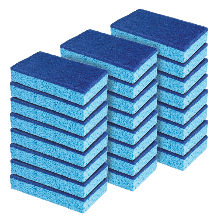 Lola natural cellulose scrub sponges, 24-count, two stacks of blue sponges with dark blue fiber scrubber tops