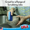 Lola blue cellulose sponge scrubbing inside a bowl at a kitchen sink for general cleaning tasks