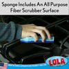 Lola blue sponge with fiber scrubber surface hand scrubbing a gas stove grate