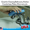 Lola brand blue sponge hand scrubbing chrome bathroom faucet; great for bathrooms, countertops, plates, silverware