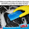 Lola natural absorbent cellulose sponge with all-purpose fiber scrubber, blue sponge scrubbing black pan with soap suds