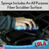 Infographic: sponge includes an all-purpose fiber scrubber surface; hand uses blue cellulose sponge to clean gas stove grate