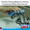 Great for cleaning bathrooms, kitchen countertops, plates and silverware; hand uses blue sponge on chrome bathroom faucet