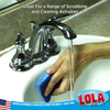 Cellulose scrub sponge cleaning bathroom sink faucet, for a range of household scrubbing and cleaning activities