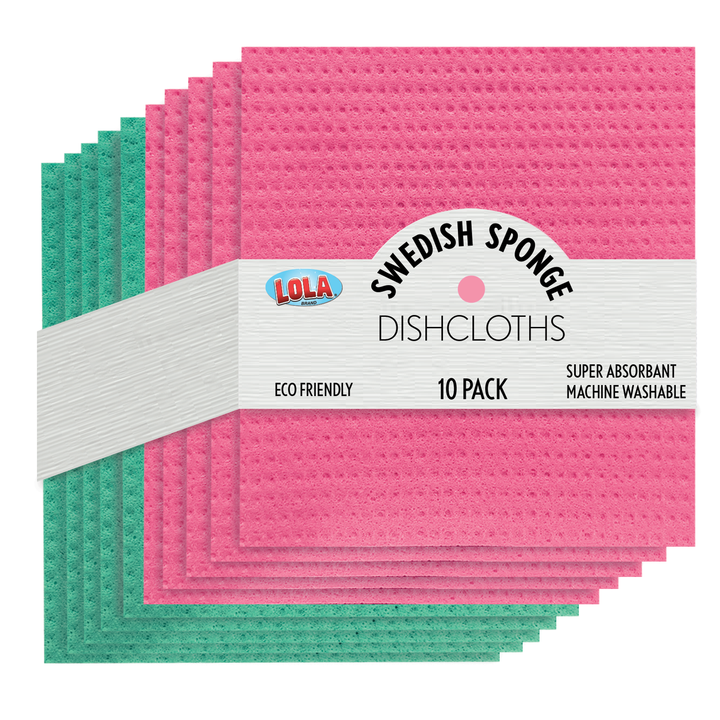 Lola Swedish sponge dishcloths 10-pack, pink and green textured cellulose cloths with white band, eco friendly, machine washable