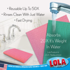 USA-headquartered Lola pink and green sponge cloths under faucet; reusable up to 50x, rinse clean with water, fast drying, absorb 20x weight