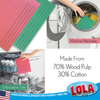 Machine washable, dishwasher safe Lola pink cloth made from 70% wood pulp and 30% cotton, shown going into washer and dishwasher