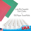 Lola 10-count Swedish dish cloths equal 150 paper towel rolls; pink and green cloth stack shown for scale