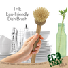 Eco-Friendly Dish Brush infographic: hand holding bamboo dish brush over white dishes with Eco Clean Lola branding