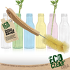 Eco Clean bamboo bottle cleaning brush with retail tag, shown next to colorful glass bottles for kitchen use
