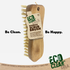 Be Clean. Be Happy. Eco Clean Lola Bamboo Scrub Brush with hang tag: sustainable bamboo handle, recycled soda/water bottle fibers