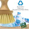 Infographic: brush fibers made from recycled soda/water bottles, bamboo brush bristles over crushed plastic bottles with recycling symbol