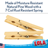 Lola natural pine wood clothespins with moisture-resistant finish and close-up of the 7-coil rust-resistant spring