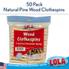 Lola wood clothespins in clear 50-pack bag with red and white label and 7-coil rust-resistant springs