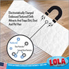 Lola electrostatically charged embossed textured cloth traps dirt, dust and pet hair; diagram shows positive ions attracting dust