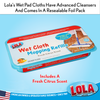 Lola wet pad cloths with advanced cleansers in resealable foil pack, fresh citrus scent, package shows Swiffer-compatible label