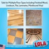 Lola floor cleaning pad shown with finished wood, linoleum, tile, laminate, marble, and vinyl floor samples