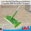 Lola's wet pad cloth mopping refills compatible with Swiffer Sweeper; green Swiffer mop on tile floor, Lola brand